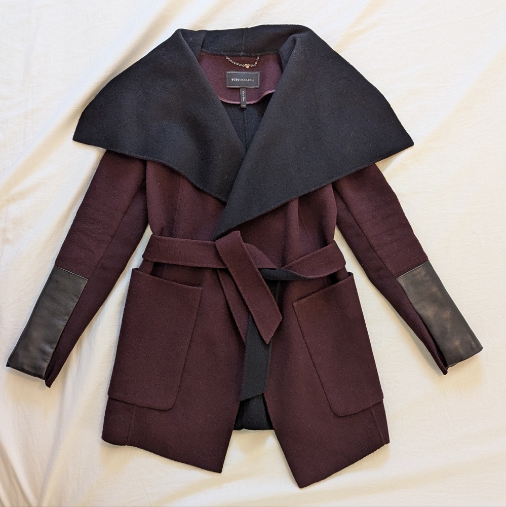 BcbgMaxAzria burgundy wool coat with leather inserts and black accents